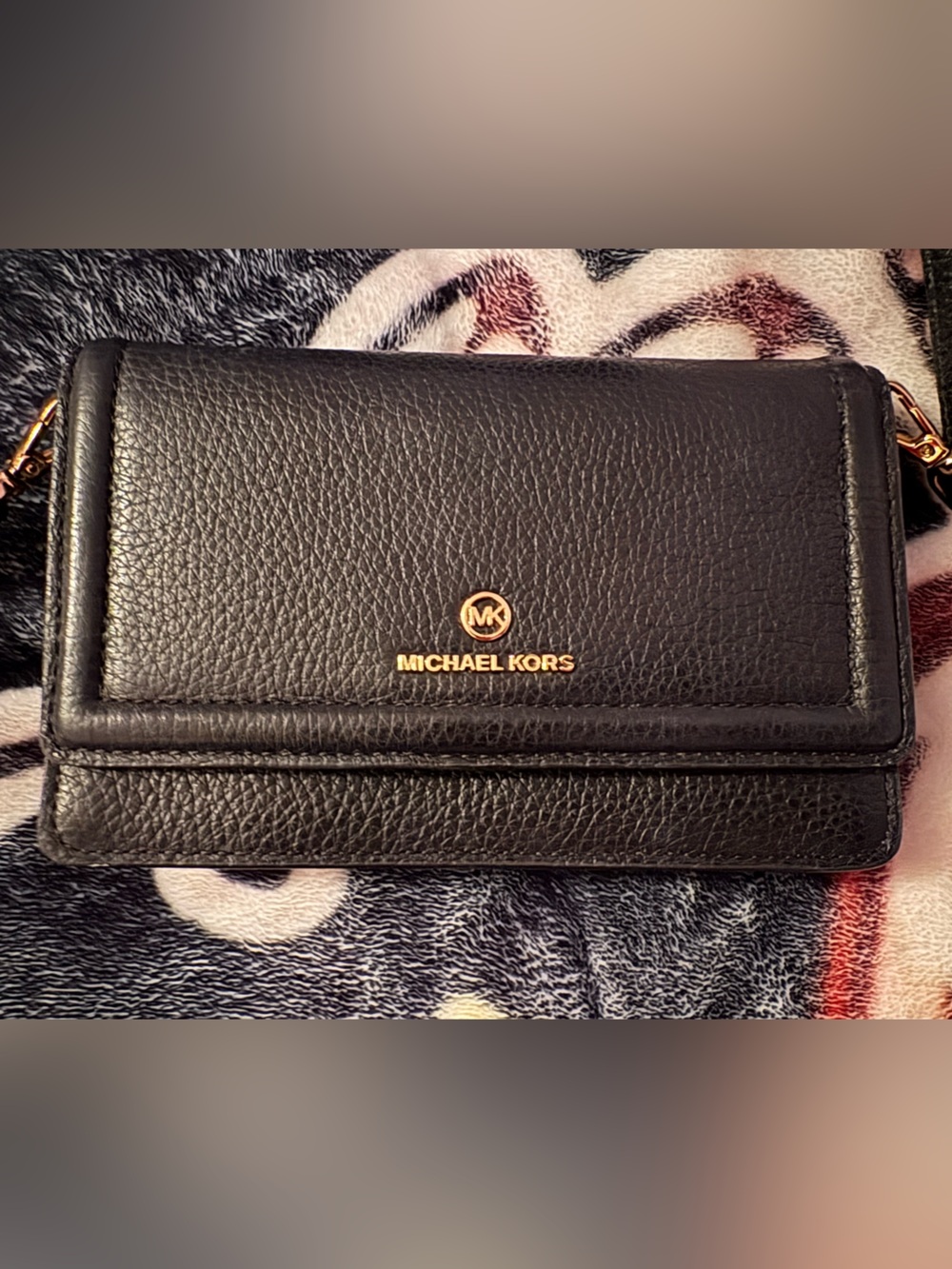 Michael Kors Black Pebbled Leather Wallet Crossbody with Gold Logo